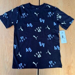 Puma Kids Graphic T-Shirt Black Allover Logo Print Short Sleeve Tee NWT
